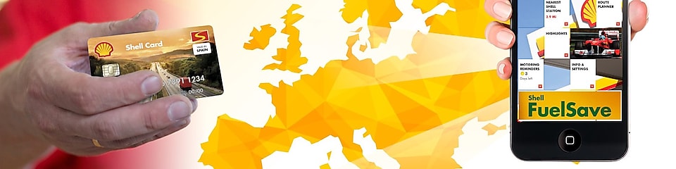 Mapa de Europa con móvil y empleado sujetando tarjeta Euroshell