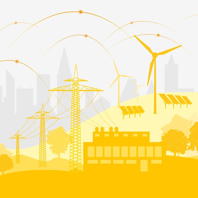 Une infographie d'un paysage, avec des éoliennes, des panneaux solaires, des pylônes et des lignes électriques.