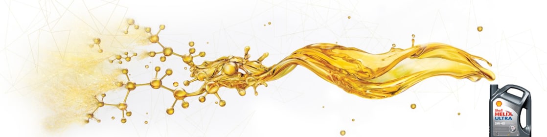 Envase de Shell Helix Ultra desde cuya apertura superior fluye aceite