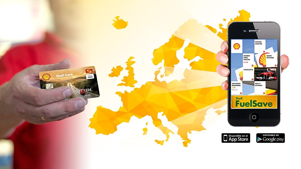 Mapa de Europa con móvil y empleado sujetando tarjeta Euroshell