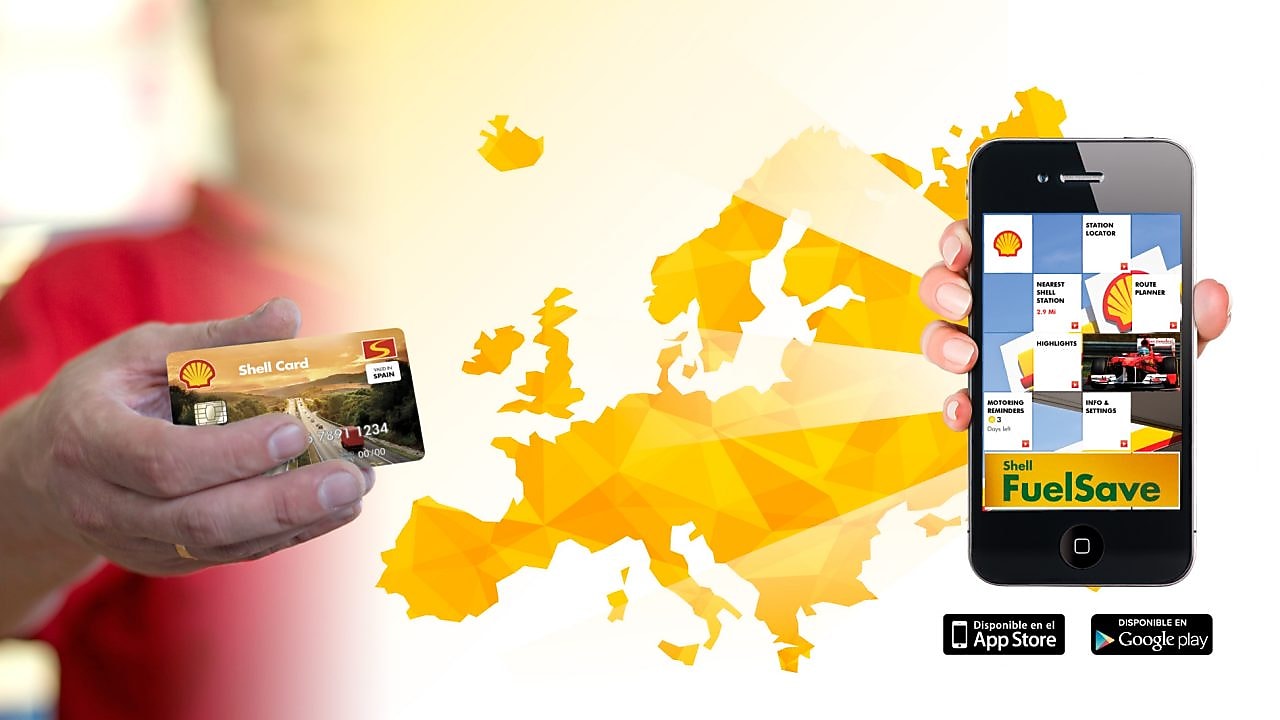 Mapa de Europa con móvil y empleado sujetando tarjeta Euroshell