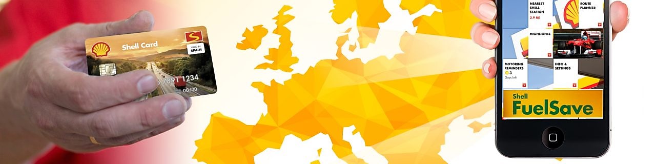 Mapa de Europa con móvil y empleado sujetando tarjeta Euroshell