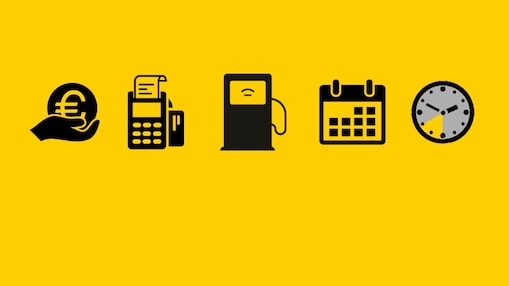 Iconos del símbolo del euro maquina de tickets, surtidor, calendario y reloj