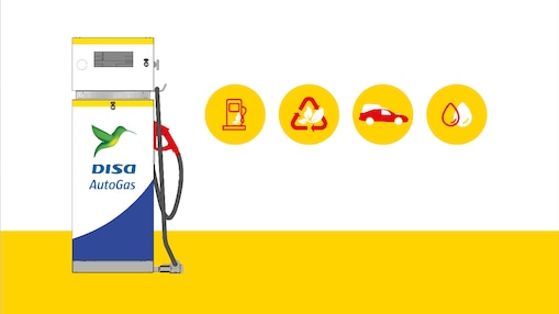 Ilustración de un surtidor Disa Autogas junto a iconos ecológicos